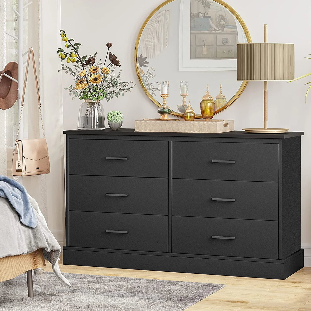 Black Double Dresser with 6 Drawers for Bedroom, Wood Large Chest of Drawers Storage Tower Clothes Organizer