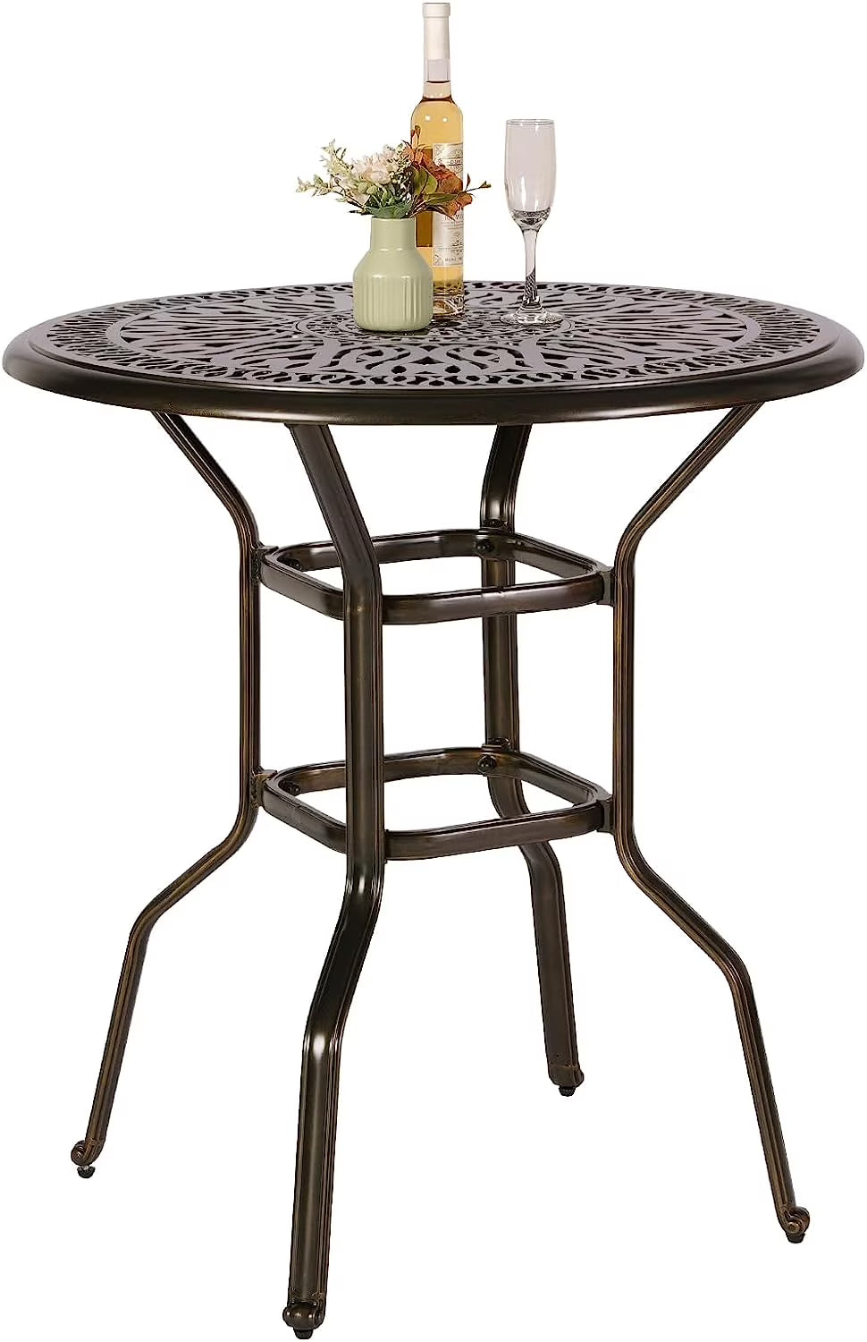 VIVIJASON 35.2" Patio Height Bar Table, All-Weather Cast Aluminum Bar Bistro Table Outdoor Patio Round Dining Table with Umbrella Hole for Balcony, Lawn, Garden, Backyard, Antique Bronze