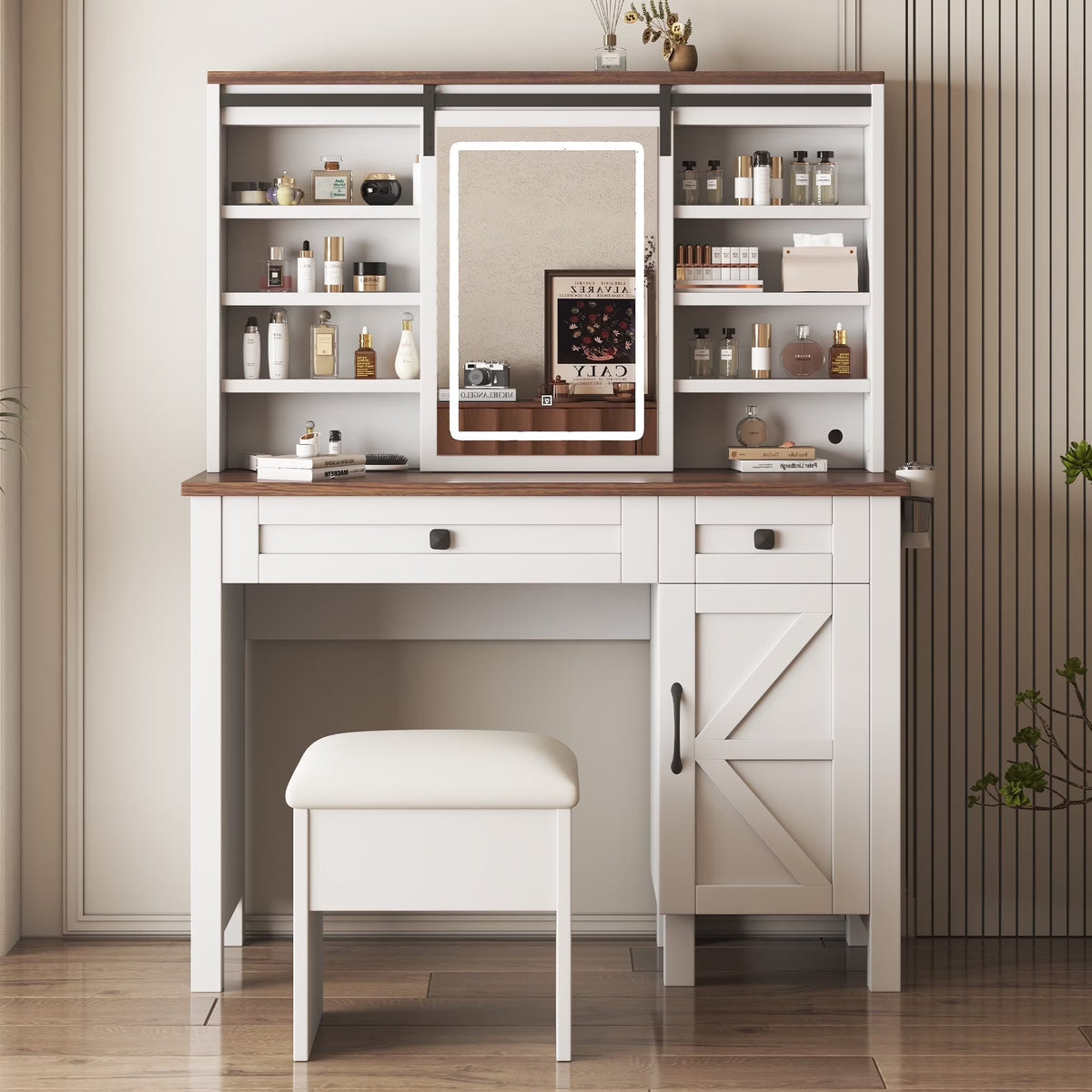 Montary Modern Mini Vanity w/Adjustable LED Mirror + Hidden Storage, Padded Stool & Dustproof Shelves (White)