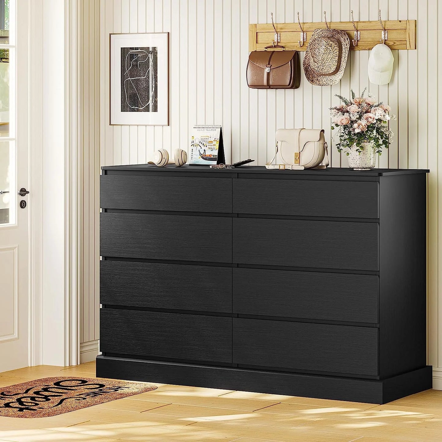 8 Drawers Double Dresser Wooden Black Chest of Drawers for Bedroom, Large Storage Cabinet for Home Living Room