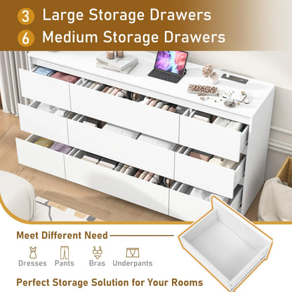 ChVans Black 9 Drawers Dresser with Charging Station, 63" Long Modern Dresser with 9 Drawers for Bedroom, Large Wood Chest of Drawers Handle Free, Dresser for Bedroom, Living Room, Hallway