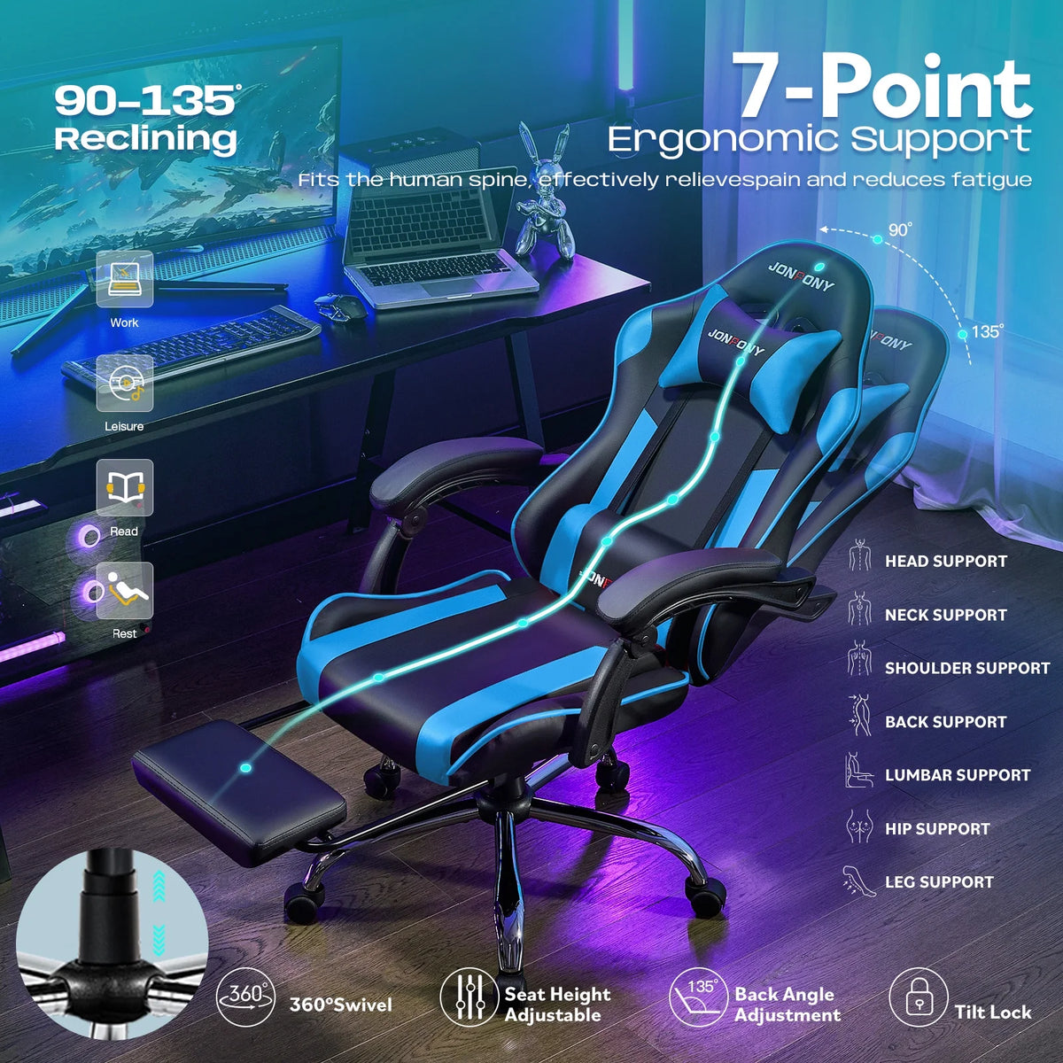 JONPONY Big and Tall Gaming Chair, Ergonomic Design, Gamer Chair PU Leather with Footrest and Lumbar Support, High Back Office Chair Support 8 Hours Long Sitting, Computer Chair,Black Grey