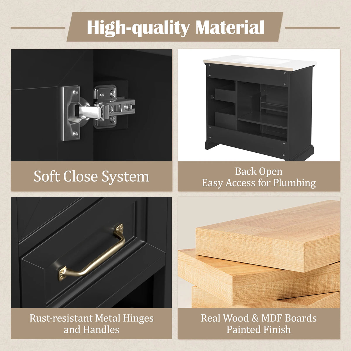Christopher Knight Home 36" Bathroom Vanity with Sink, Tip-out Drawers, Soft-Close Doors, Grey