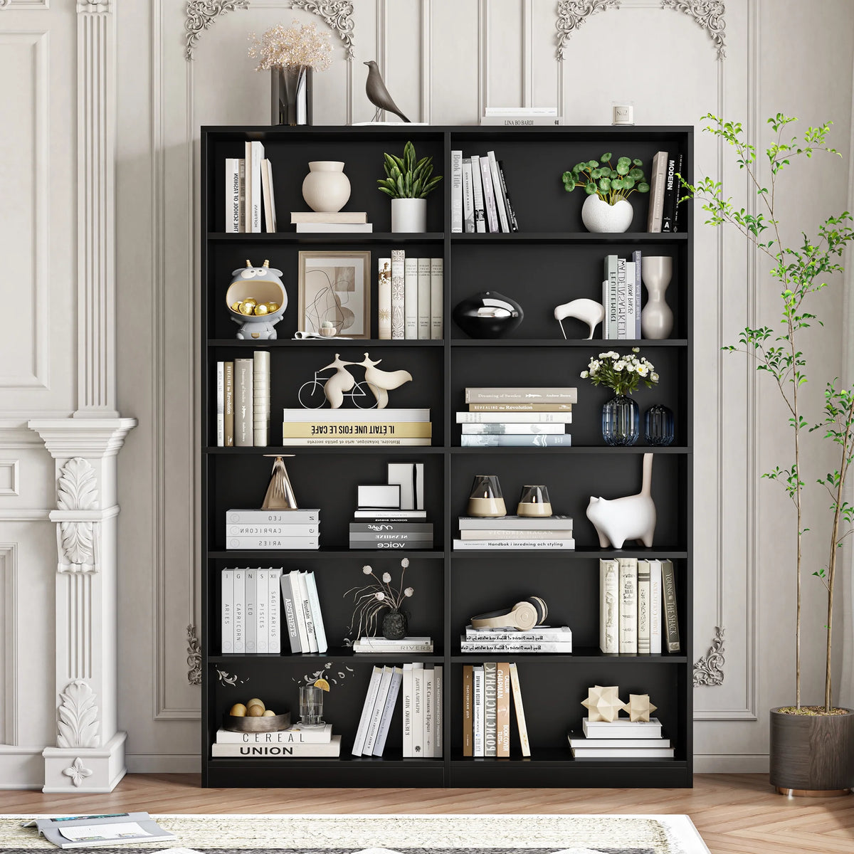 Homfa 74.3�� Double Wide 6-Tier Bookcase, Extra Large Wooden Freestanding Display Bookshelf for Home Office Living Room, White