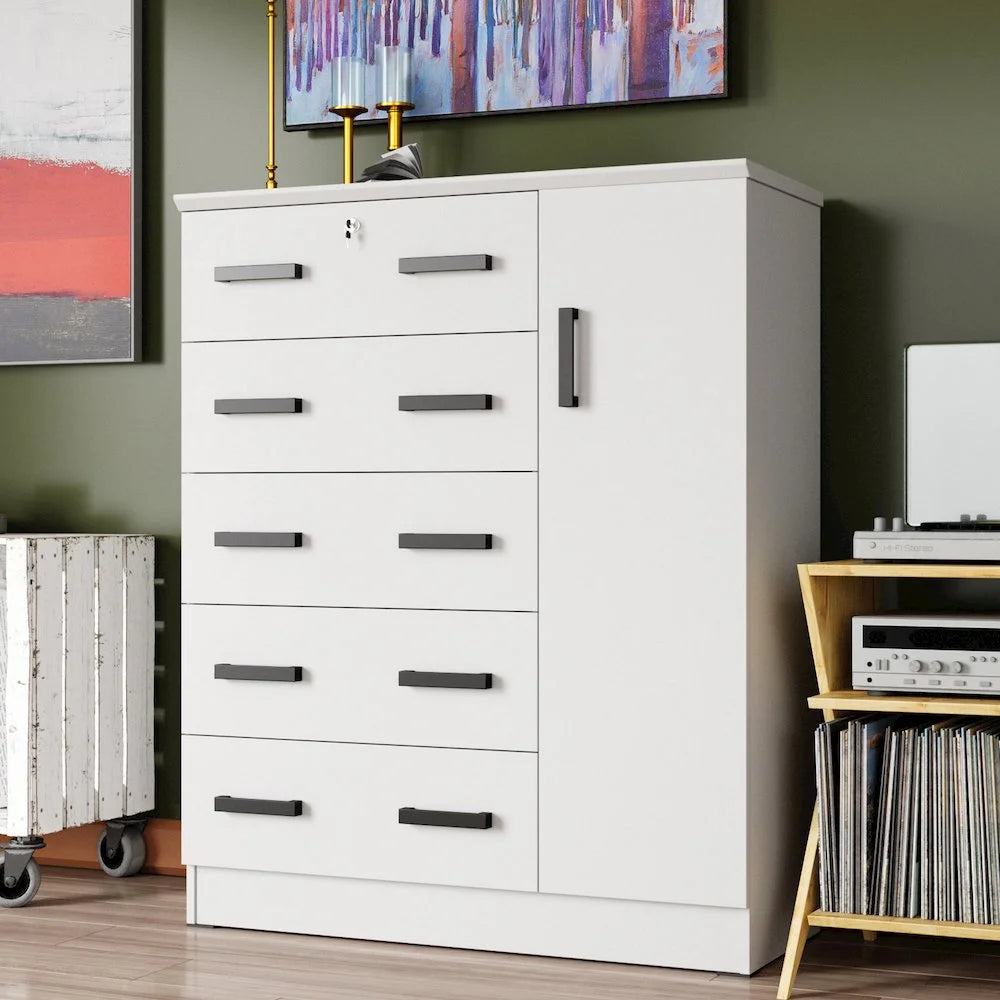 Better Home Products JCF Sofie 5 Drawer Wooden Tall Chest Wardrobe in Mahogany
