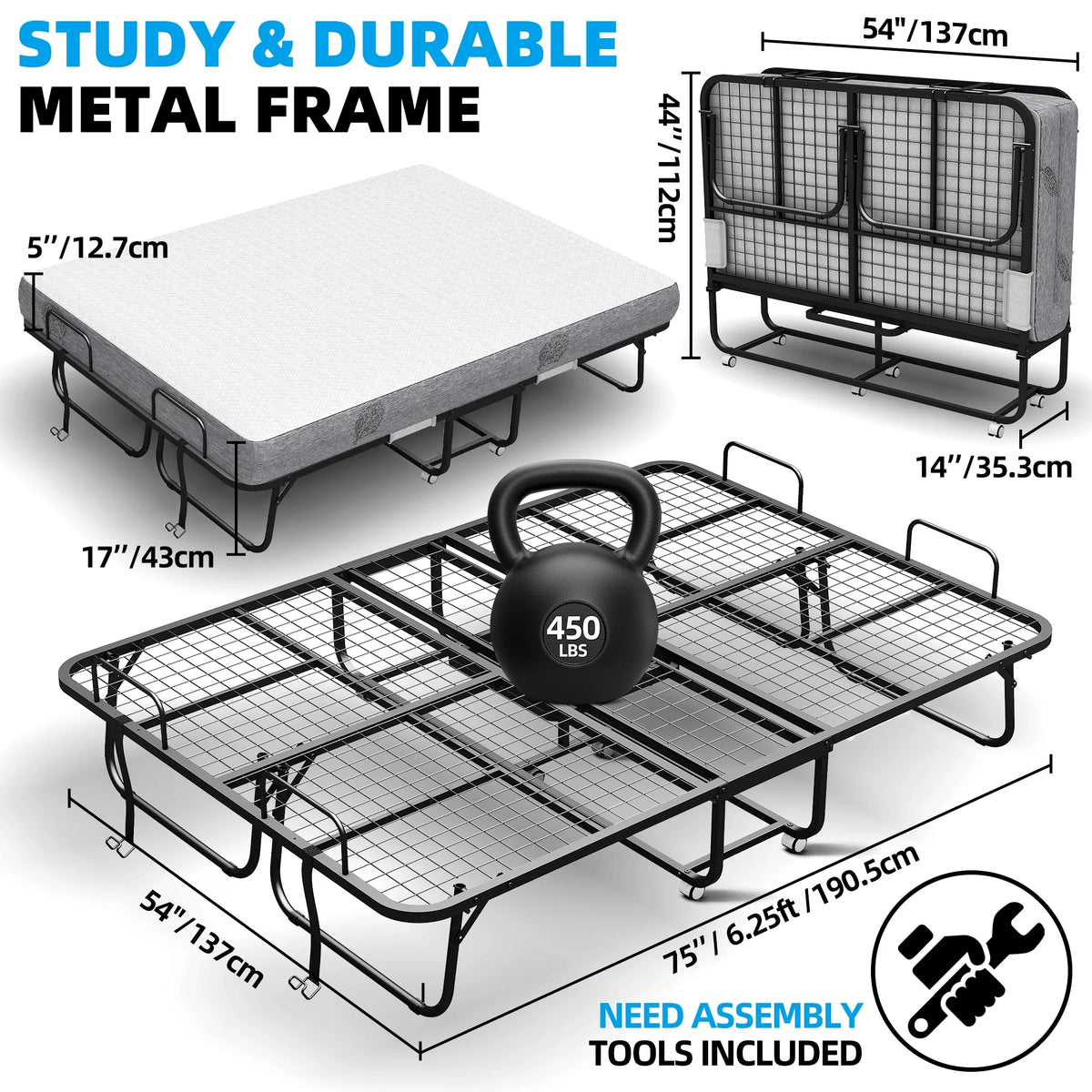 Folding Bed with Mattress 75" x 31" Cot Size Folded Bed, Rollaway Guest Bed Portable Foldable Extra Bed for Adults Daybed with 5" Memory Foam Mattress Space-Saving Sturdy Metal Grid Frame