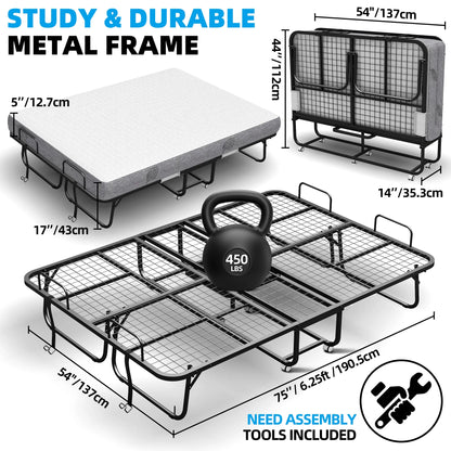 Folding Bed with Mattress 75" x 31" Cot Size Folded Bed, Rollaway Guest Bed Portable Foldable Extra Bed for Adults Daybed with 5" Memory Foam Mattress Space-Saving Sturdy Metal Grid Frame