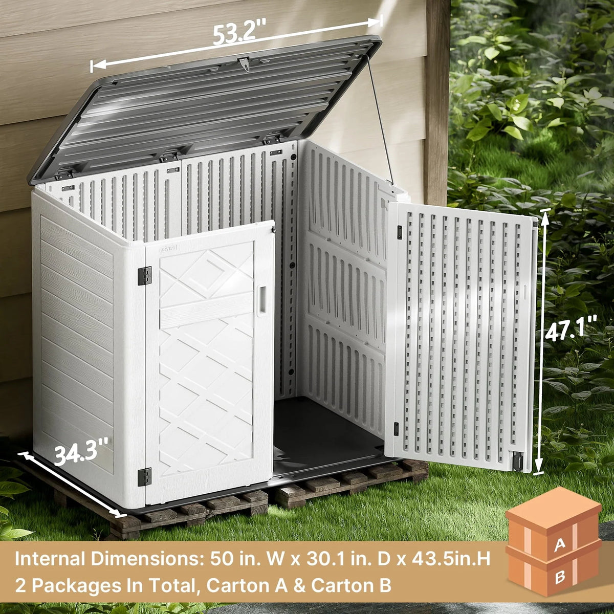 Lofka Outdoor Storage Shed, 49.7 Cu.ft  Large Capacity Storage Shed and Cabinet with Floor for Storing Bike, Garbage Cans and Garden Tools, White