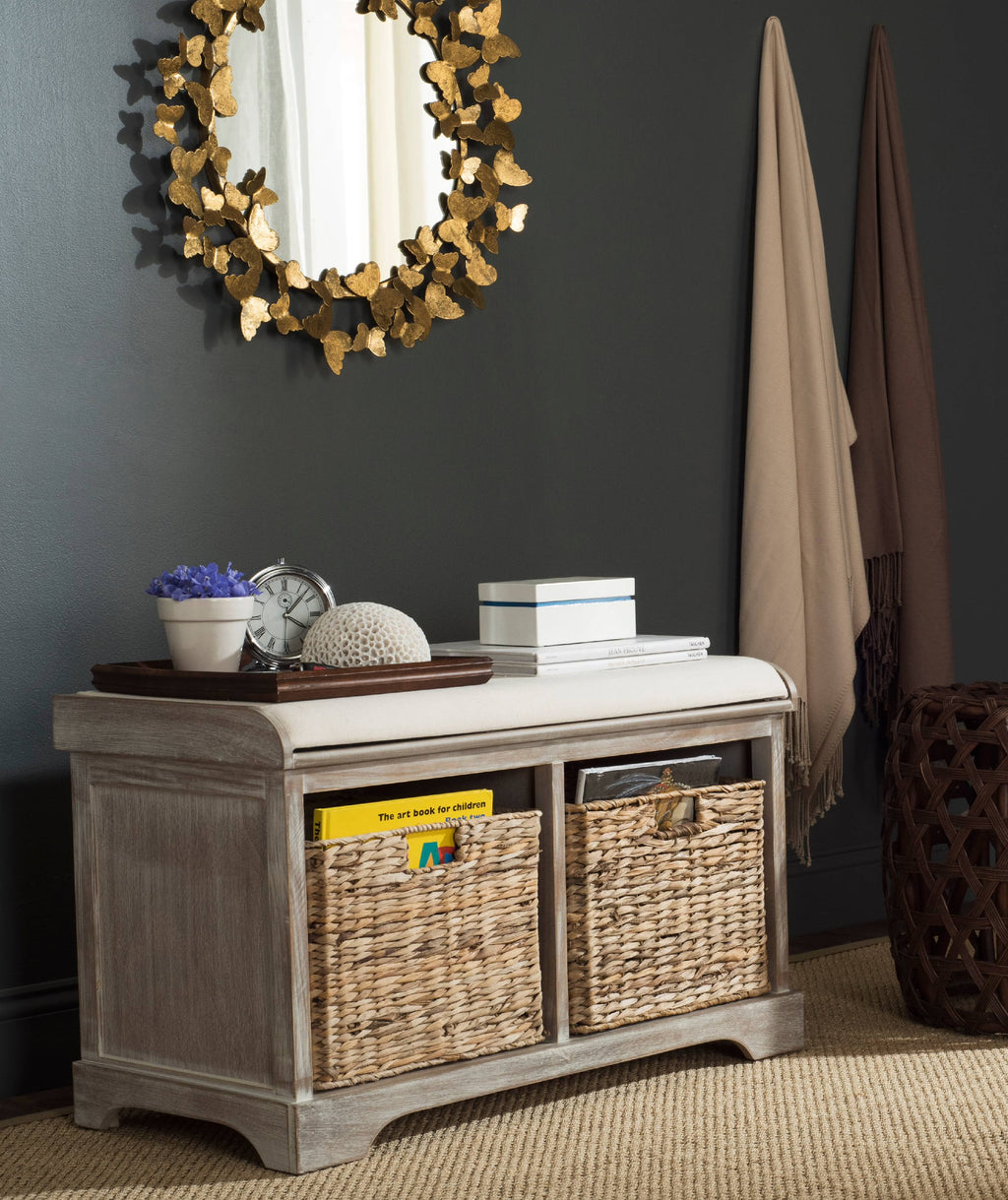 SAFAVIEH Freddy Contemporary Wicker Storage Bench with Cushion, Vintage Grey
