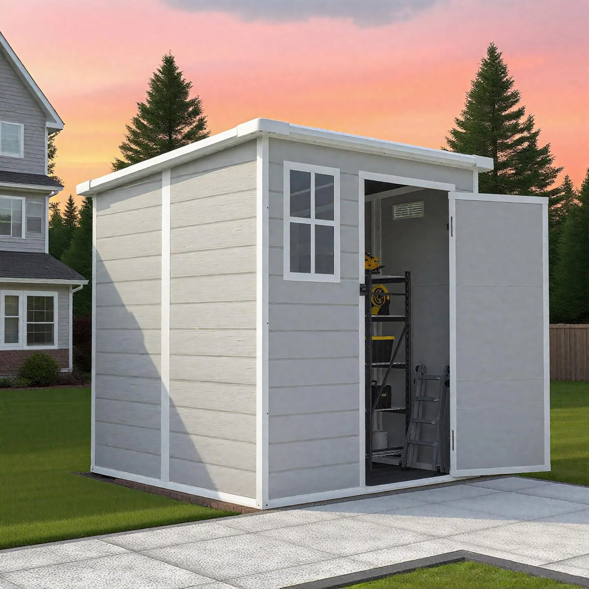 Outdoor Shed & Storage, Seizeen All-Weather Plastic Sheds 82'' H, Sloped Top Garden Shed with Window, Heavy-Duty Resin Outdoor Storage W/Floor, Gray