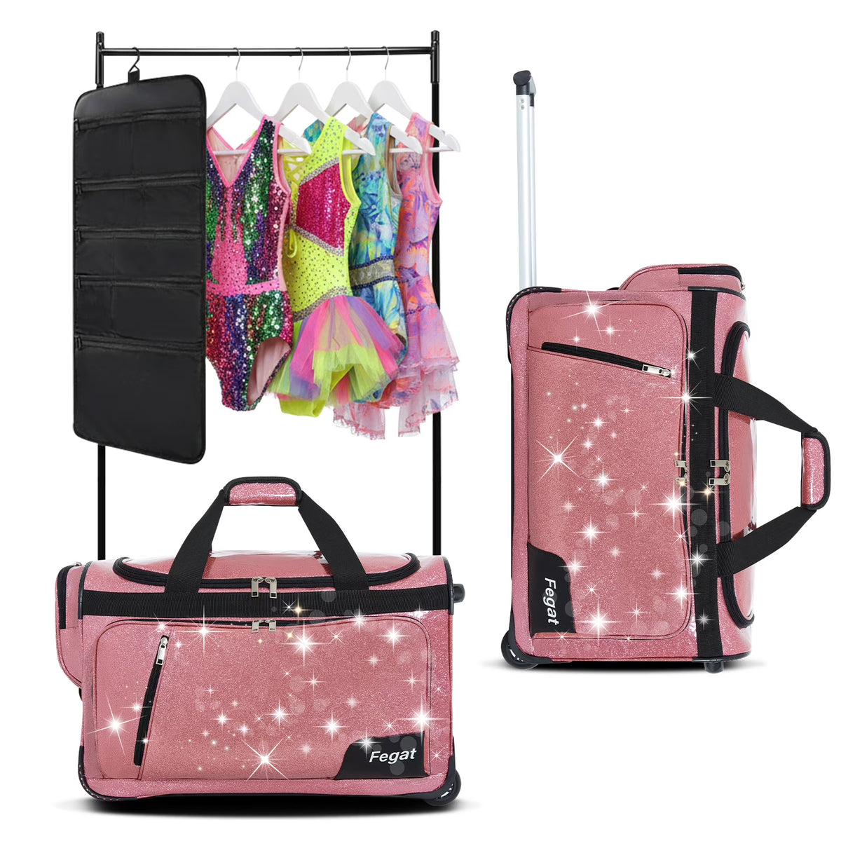 Fegat Dance Bag with Garment Rack,23"Glitter Bright Rolling Dance Duffel Bag Lightweight Competition Bag Costume Suitcase for Dancers Performer Artist, Shine Glitter Purple