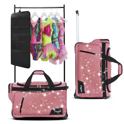 Fegat Dance Bag with Garment Rack,23"Glitter Bright Rolling Dance Duffel Bag Lightweight Competition Bag Costume Suitcase for Dancers Performer Artist, Shine Glitter Purple