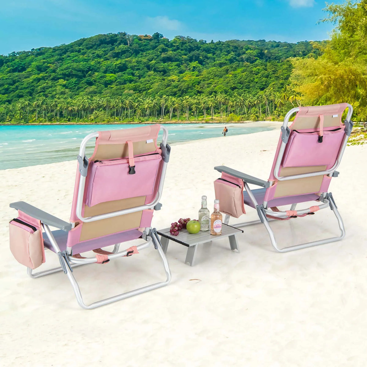 Costway 2-Pack Folding Backpack Beach Chair Table Set 5-Position Outdoor Reclining Chair Pink