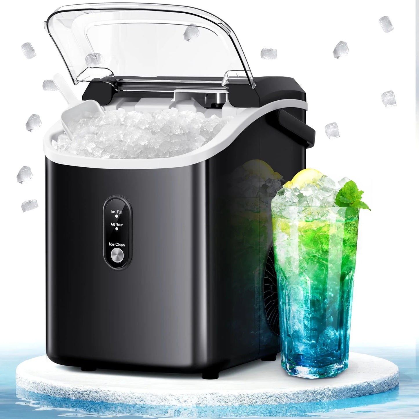 Auseo SS Nugget Countertop Ice Maker with Soft Chewable Ice, 35Lbs/24H, Self-Cleaning, Ice Scoop, Stainless Steel Silver, for Kitchen/Office/Party