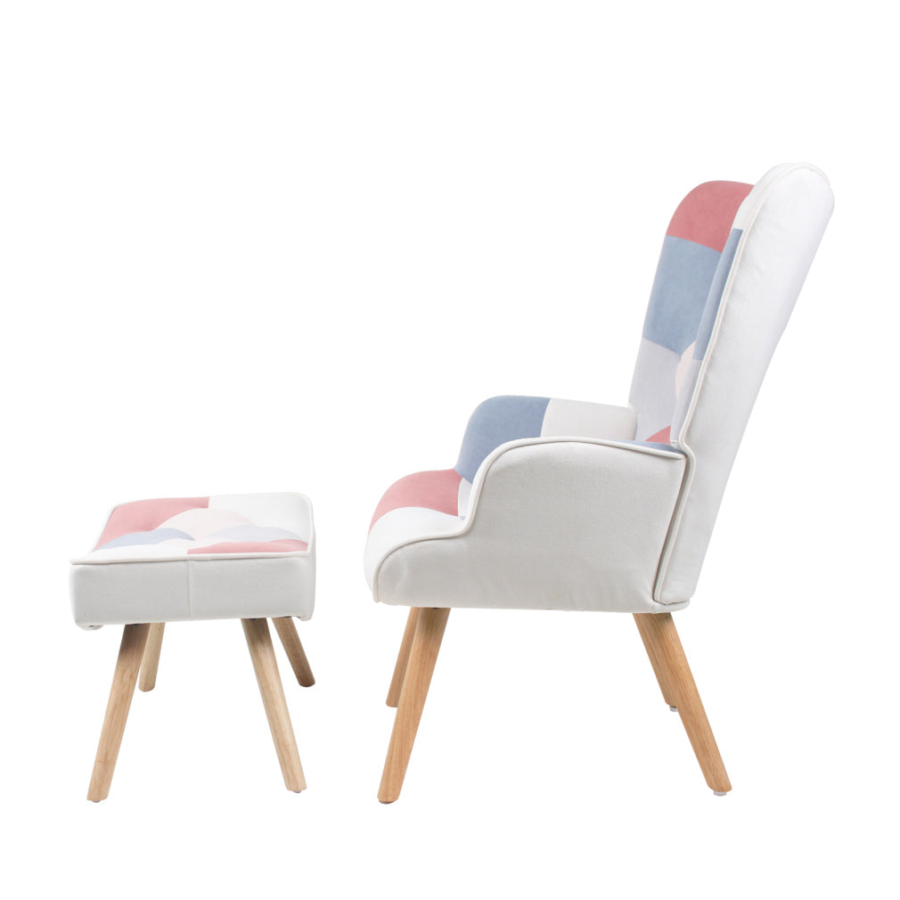 Modern Accent Chair with Solid Wood Legs and High Wing Backrest, Side Chair Set with Ottoman, Comfy Side Armchair for Living Room, Reading Room, Bedroom, Colorful Patchwork