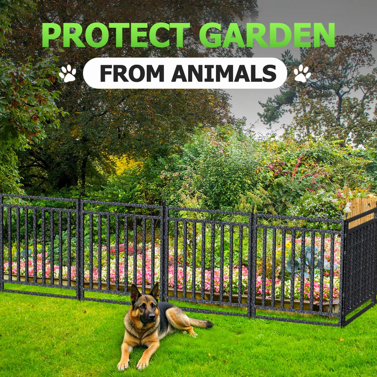 Petorldog Decorative Garden Fence, 72ft x 40in , 28 Panels + 4 Gates, No Dig Metal Dog Fence for Yard | Black-Silver