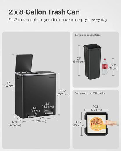 16 Gallon Dual Trash Can, Rubbish Bin and 15 Trash Bags, Metal, Almond Color
