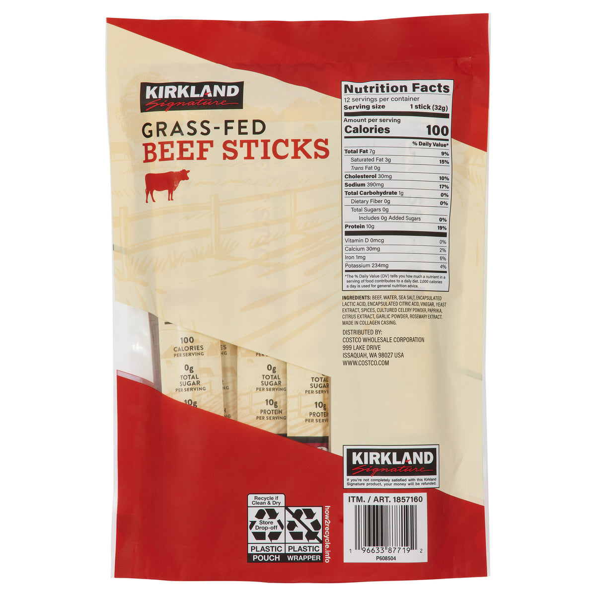 Kirkland Signature Grass-fed Beef Sticks, 1.15 oz, 12-count