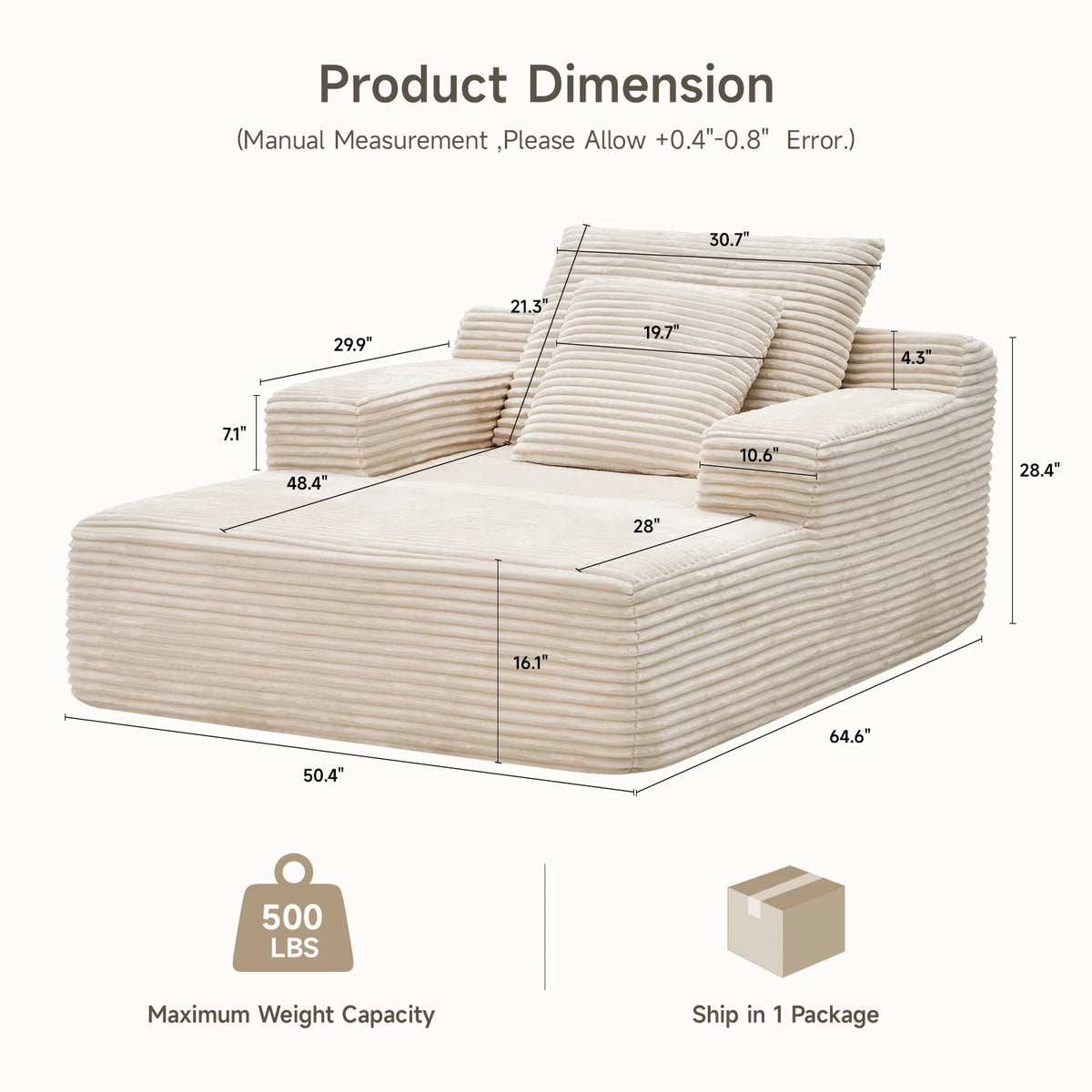 65" Corduroy Cloud Sleeper Chaise Lounge Chair, No Assembly Sofa Bed with Pillows, Beige