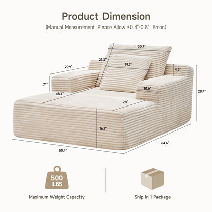 65" Corduroy Cloud Sleeper Chaise Lounge Chair, No Assembly Sofa Bed with Pillows, Beige
