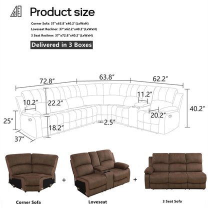 Aukfa 3-Piece Recliner Sofa Set, 6 Seat Sectional Couch with Cup Holders&Storage Console, Gray