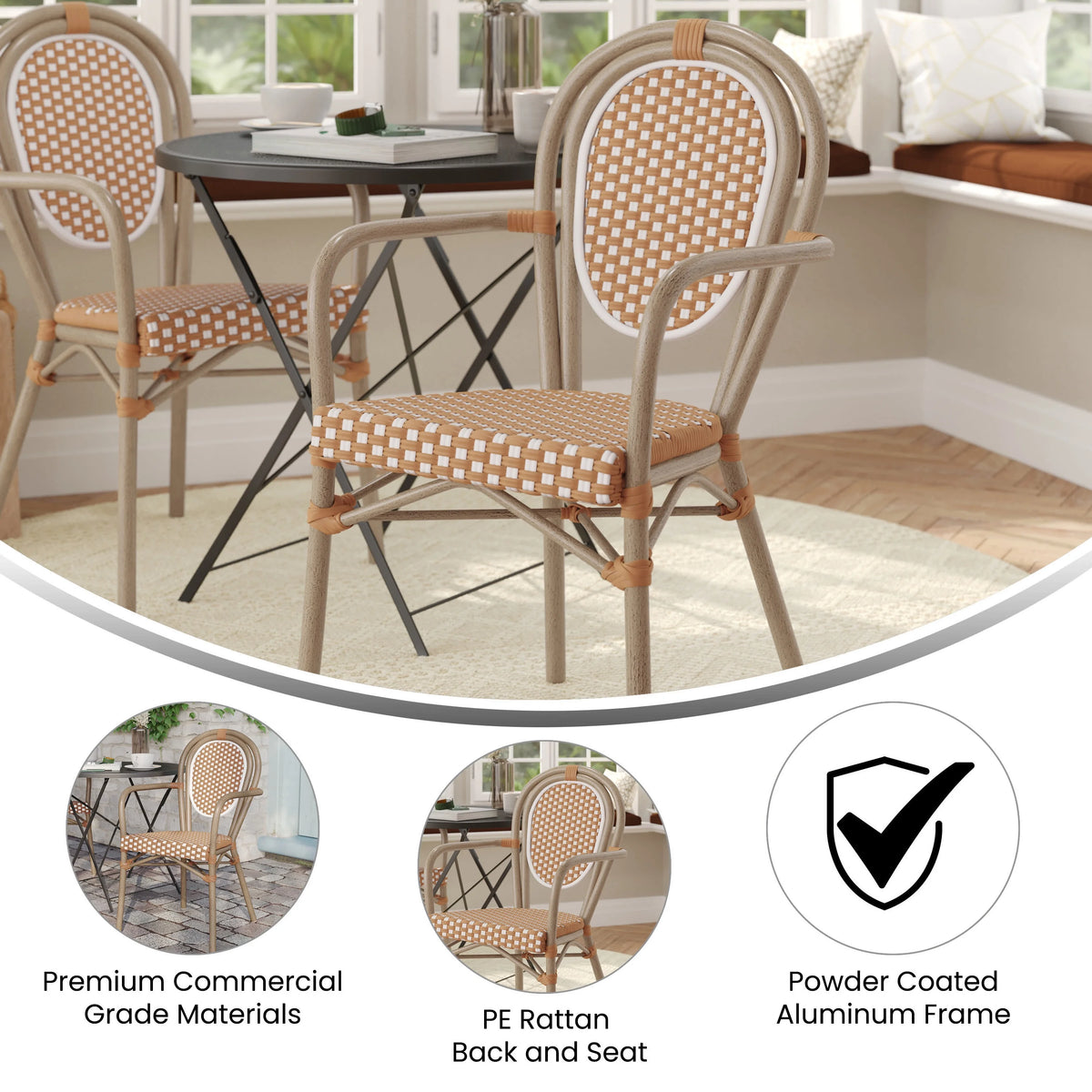 Merrick Lane Stacking Thonet French Bistro Style Chair with Arms, Black & White PE Rattan Seat, and Bamboo Finished Metal Frame for Indoor/Outdoor Use