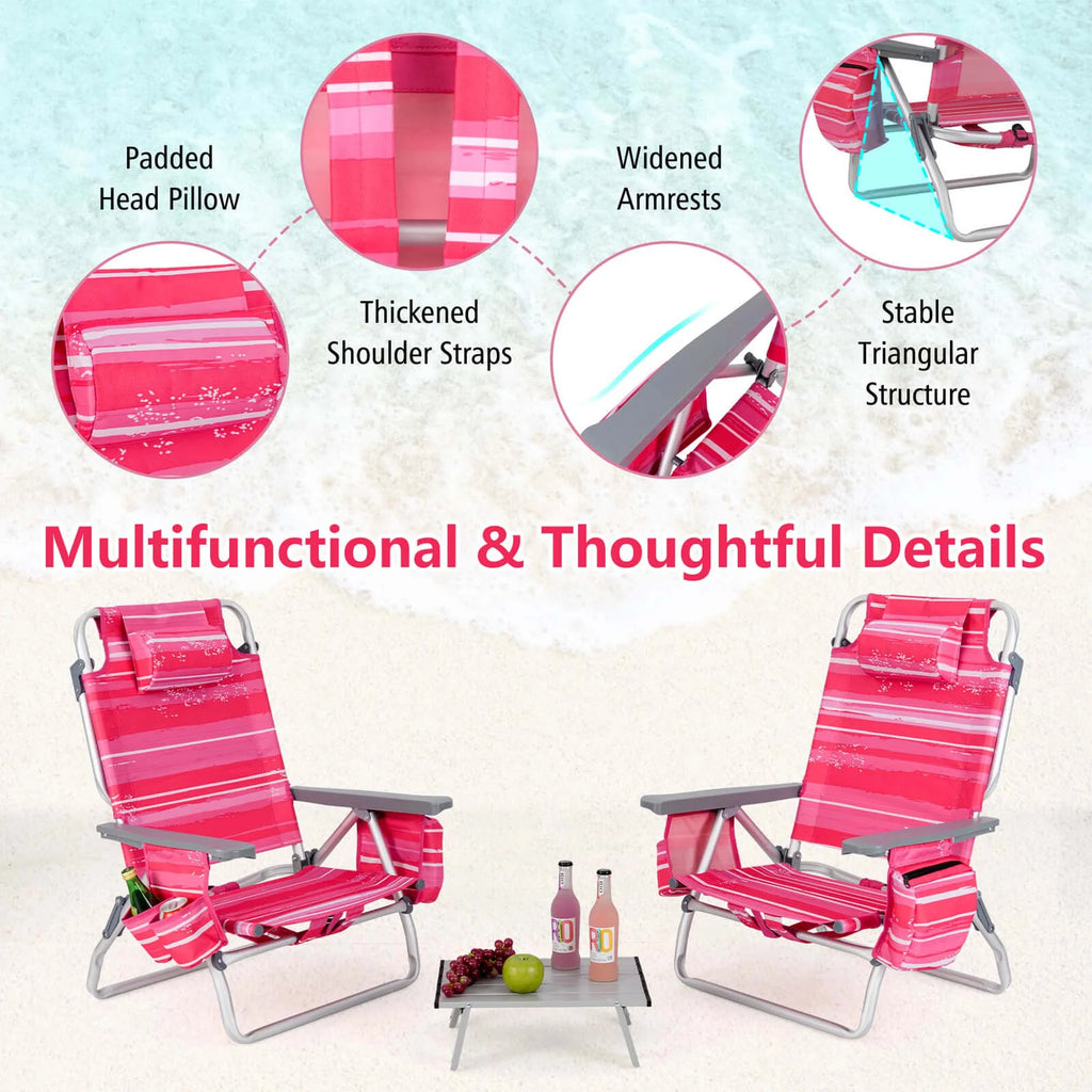 Costway 2-Pack Folding Backpack Beach Chair Table Set 5-Position Outdoor Reclining Chair Pink