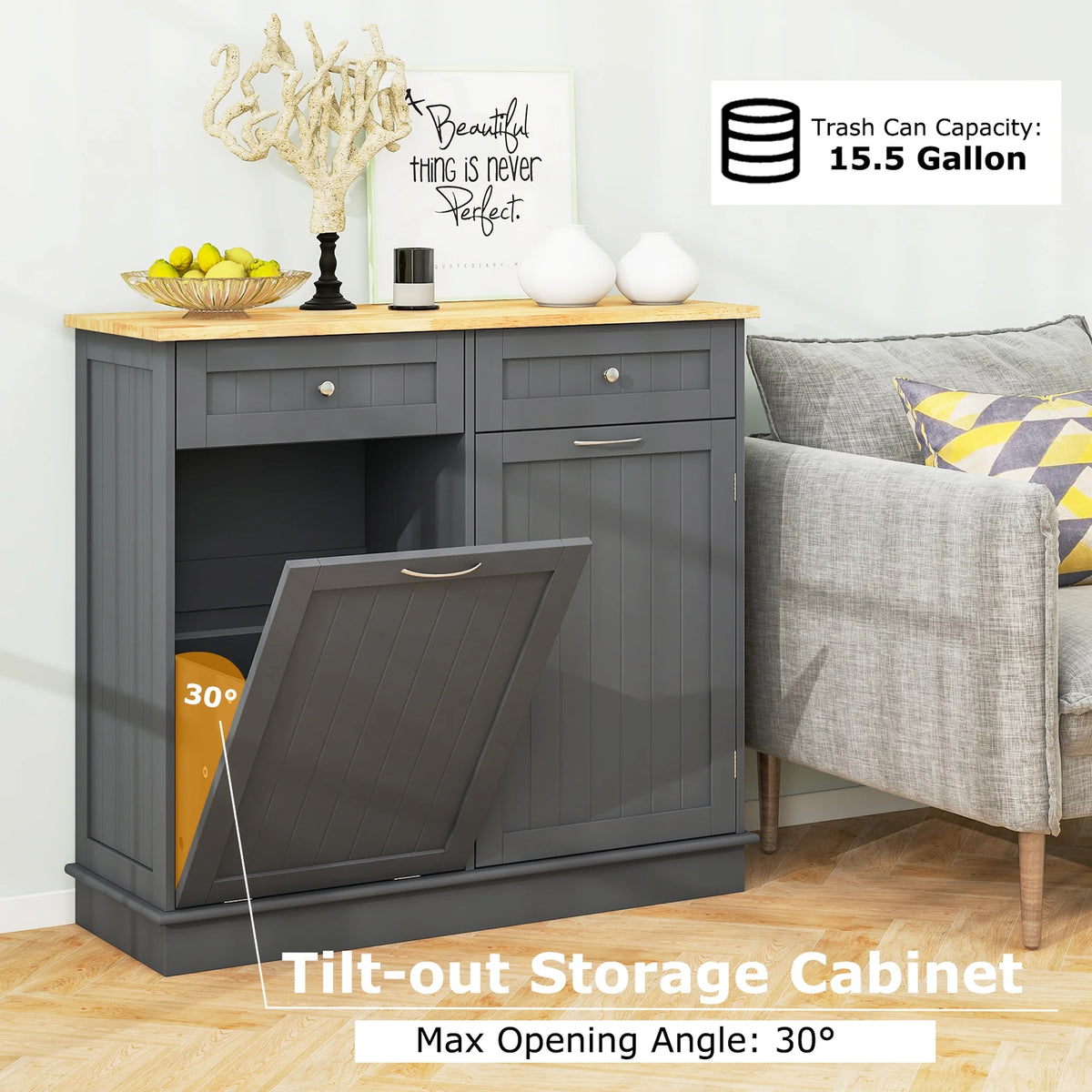 Costway 15.5 Gallon Kitchen Tilt Out Trash Cabinet Rubber Wood Tabletop 2 Drawers Shelf Gray