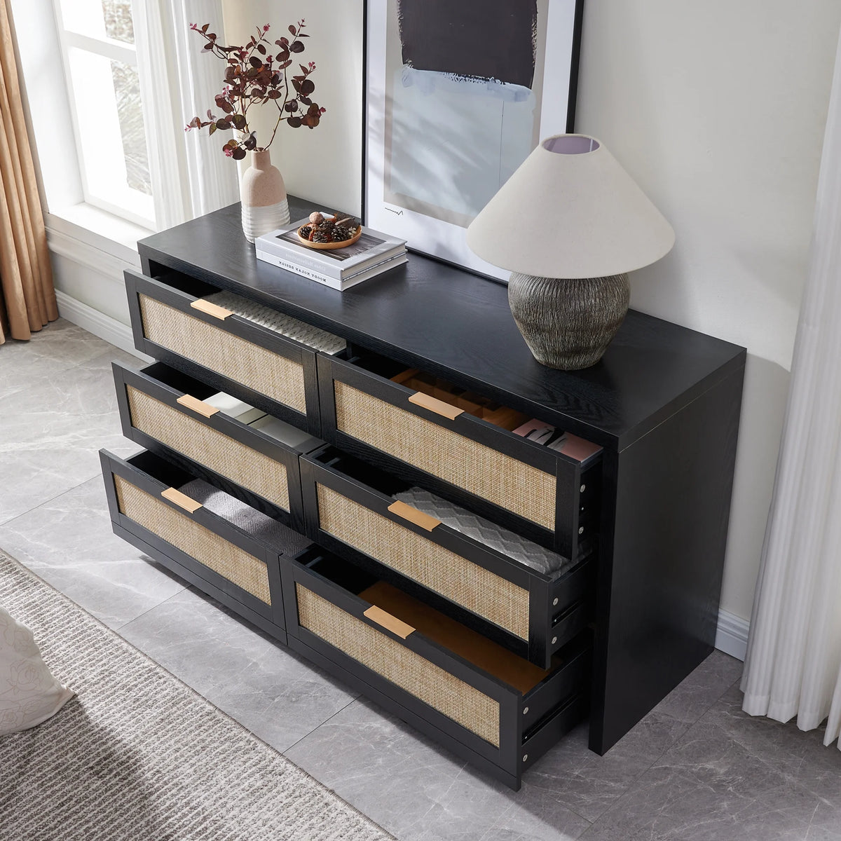SICOTAS 56.85" 6 Drawer Dresser,Rattan Dresser with Storage,Boho Dressers & Chests of Drawers Wooden Tall  Dresser for Bedroom