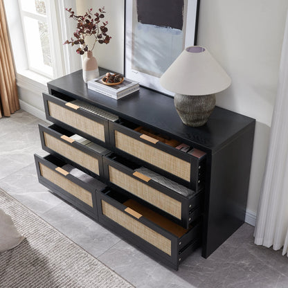 SICOTAS 56.85" 6 Drawer Dresser,Rattan Dresser with Storage,Boho Dressers & Chests of Drawers Wooden Tall  Dresser for Bedroom