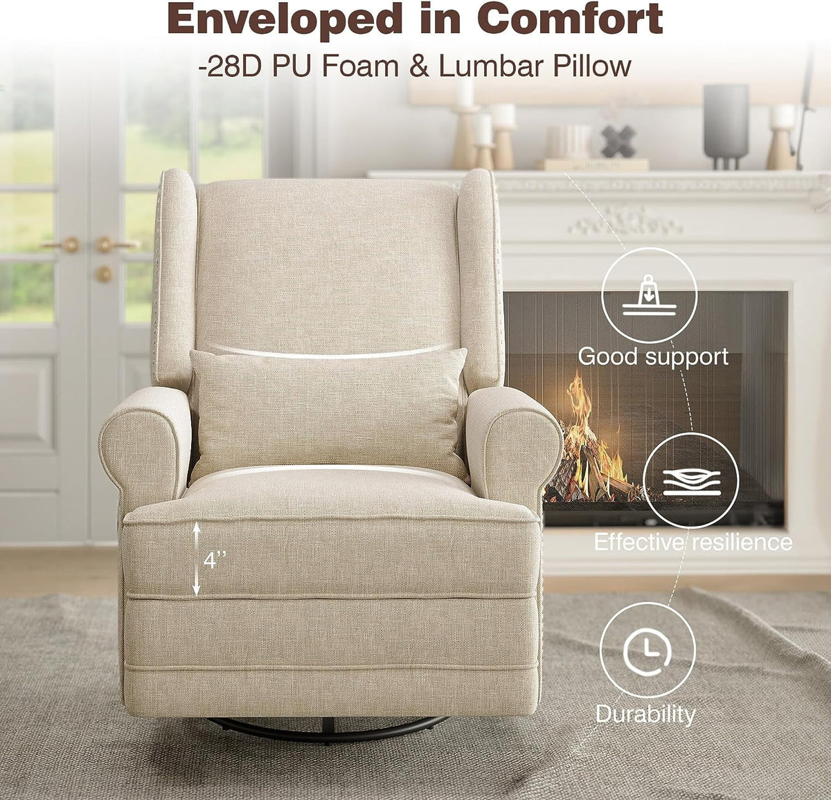 Royalcraft Swivel Nursery Glider Recliner, Comfy Upholstered Glider Chair with Lumbar Pillow and Footrest, Beige