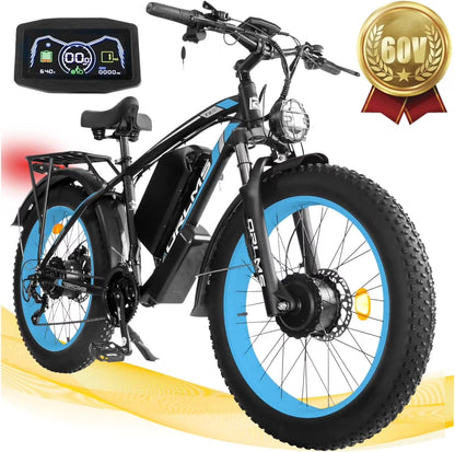 5000W (Peak) Electric-Bike for Adults, 60V 25AH Battery Electric Motorcycle, Dual-Motor-Ebike 50MPH Ebike, 26*4.0 Fat Tire Electric-Bicycle, AWD 21-Speed Mountain Bike for All-Road UL 2849