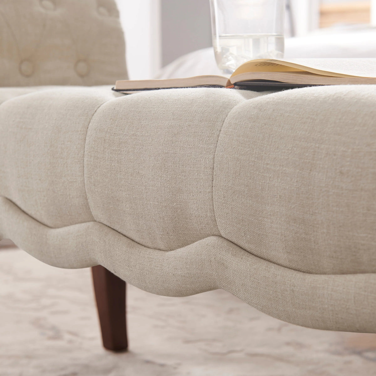 Linon Menlo Rolled Arm Button Tufted Bench, Dark Walnut Finish with Natural Fabric