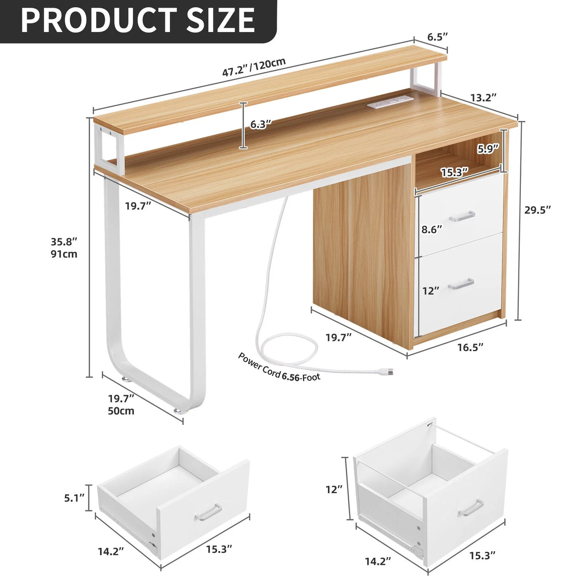 TDUKDB 47/55   Inch Home Office LED Computer Desk with File Drawer and Power Outlets. Ideal for Home Office  Study  Stable Design, Stylish  Simple-inch-Brown  White