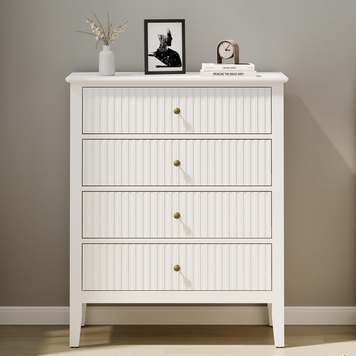 May Color Large White 3 Drawer Dresser Set of 2 with Fluted Panel, Modern Chest of Drawers with Silent Slide Drawers, Wood Accent Nightstand with Storage for Bedroom Living Room, Hallway