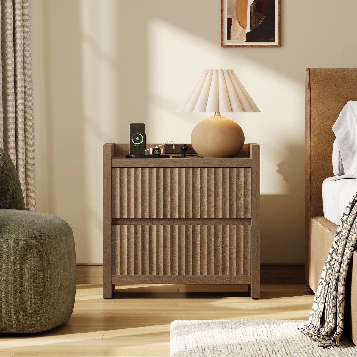 SICOTAS 25.4" Wide Nightstand Set of 2 with Charging Station, Modern Night Stand  with  2 Fluted Dresser & Handle-Less Storage Farmhouse Bed Side Table  for Bedroom, Natural Oak