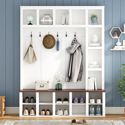Euroco Farmhouse Wooden Style Hall Tree with 6 Hooks, Walnut Storage Bench, Adjustable Shelves, and 4-in-1 Entryway Shoe Cabinet with 13 Cubbies