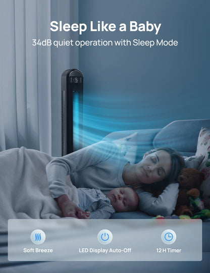 Dreo Tower Fan for Home, 42" Standing Fan with Remote, 90�� Oscillating Fan for Indoors, 34dB Quiet Bedroom Fans, 6 Speeds, 4 Modes, 12H Timer, Bladeless Fan with LED Display, 26 ft/s High Velocity