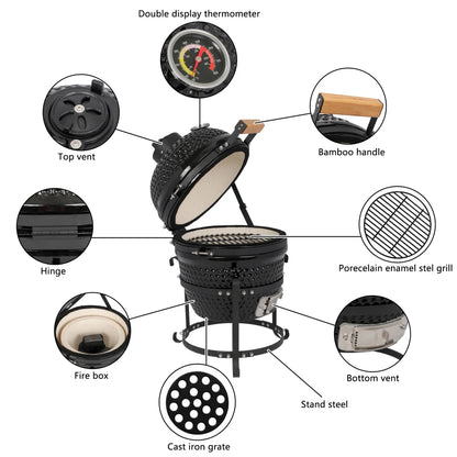 13in Ceramic Charcoal Kamado Grill with Heavy Duty Heat-Resistant Walls, 50-800��F Temp Control, for Backyard Grilling, Smoking, Baking, Orange