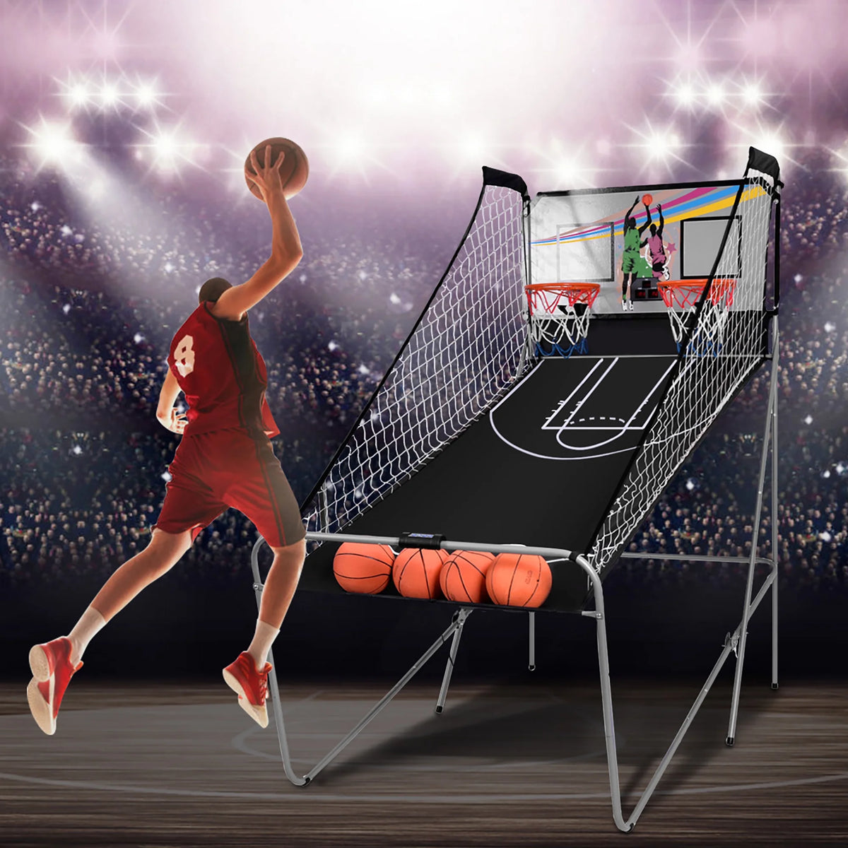 Costway Dual LED Electronic Shot Basketball Arcade Game with 8 Game Modes 4 Balls Foldable Grey