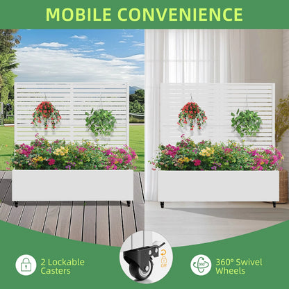 MAYEERTY 47*16*47"Outdoor White Metal Planter with Rect Louvered Climbing Trellis, Drainage hole & Wheels