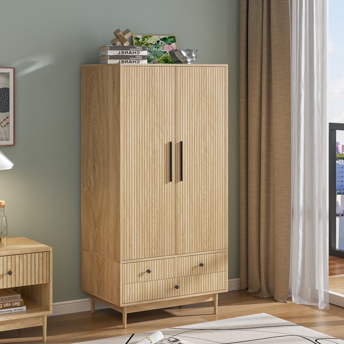 Armoire Wardrobe Closet with 2 Doors, Wardrobe Cabinet with Hanging Rod and Drawers, Wooden Closet for Bedroom, White