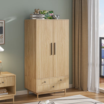 Armoire Wardrobe Closet with 2 Doors, Wardrobe Cabinet with Hanging Rod and Drawers, Wooden Closet for Bedroom, White