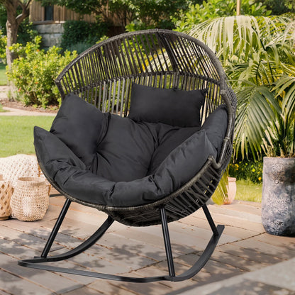 Walsunny Egg Chairs Outdoor Patio Wicker Oversized Egg Shell Lounger Lawn Chair with Cushion for Indoor Outside Porch Balcony Backyard, Original Wood Color Rattan Beige Cushion