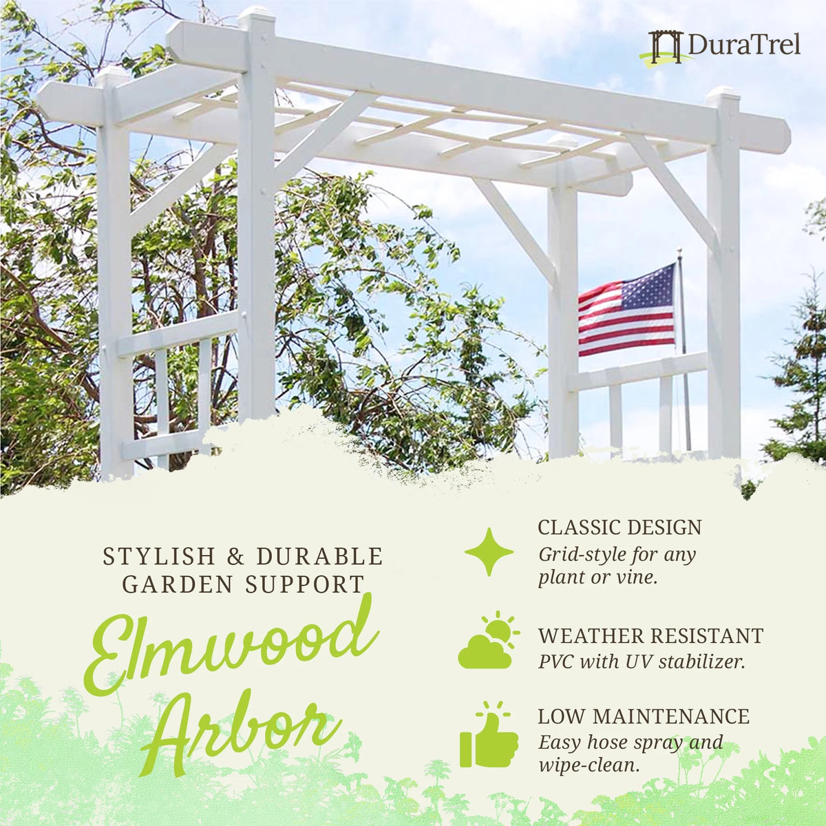 Dura-Trel Elmwood Arbor 57" x 84" PVC Outdoor Garden Arch Lattice Trellis