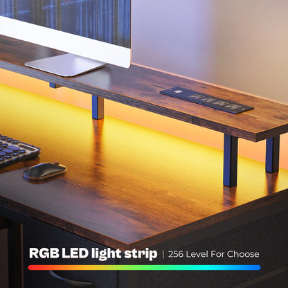 55.1" LED Gaming Desk with Drawers, Computer Desk with Outlets, Office Desk with 4 Drawers, Corner Desk, Writing Desk in White