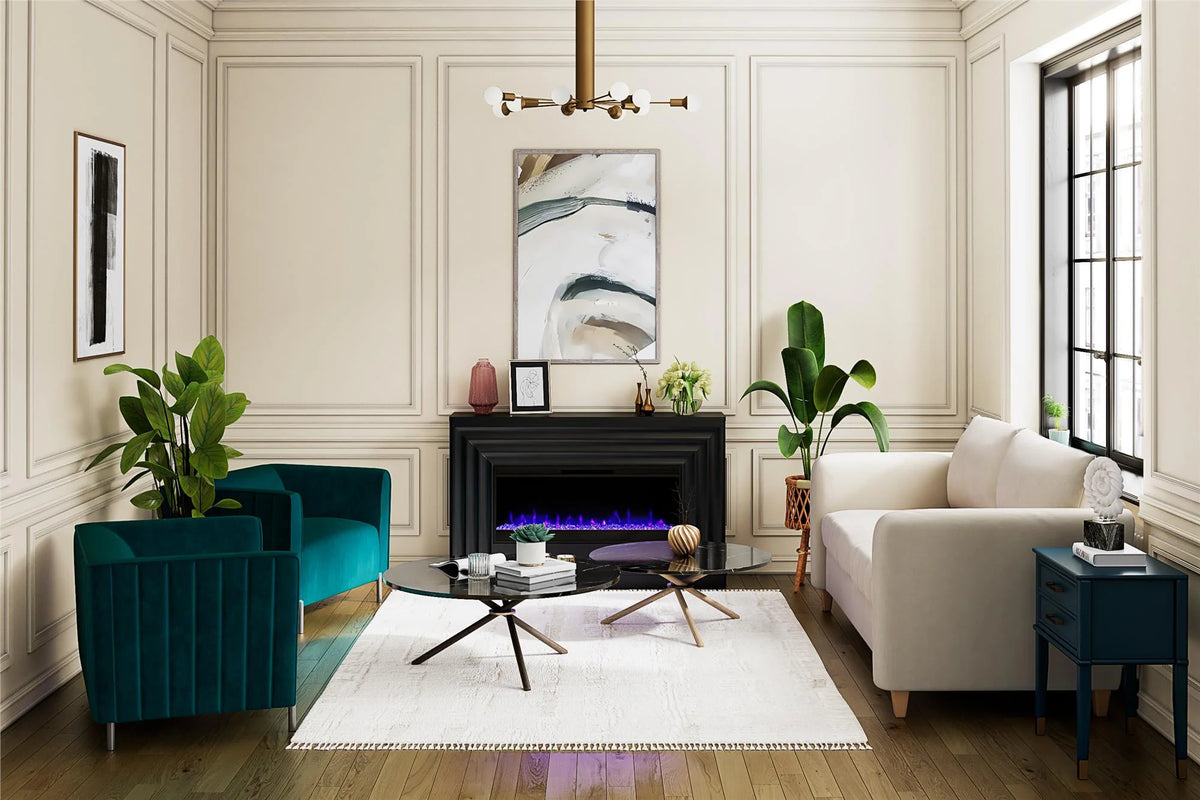 CosmoLiving by Cosmopolitan Rene Electric Fireplace Mantel 65" TV Stand with Multi-Color Flame and Crystal Ember Bed, Black