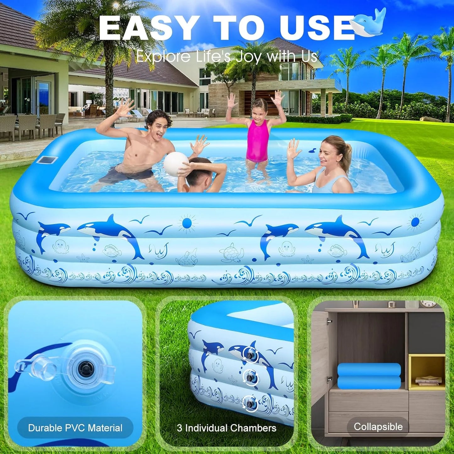 2025 Upgrade Inflatable Pool with Lights,  Powered Family Swimming Pool for Kids & Adults,  Thickened Backyard Pool - Blue