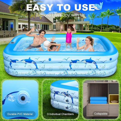 2025 Upgrade Inflatable Pool with Lights,  Powered Family Swimming Pool for Kids & Adults,  Thickened Backyard Pool - Blue