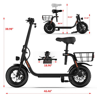 5TH WHEEL W18S 450W Motor Electric Scooter for Adults with Seat and Carry Basket, 36V 20Miles Range & 15.5Mph, 12" Foldable E Scooter for Commuting